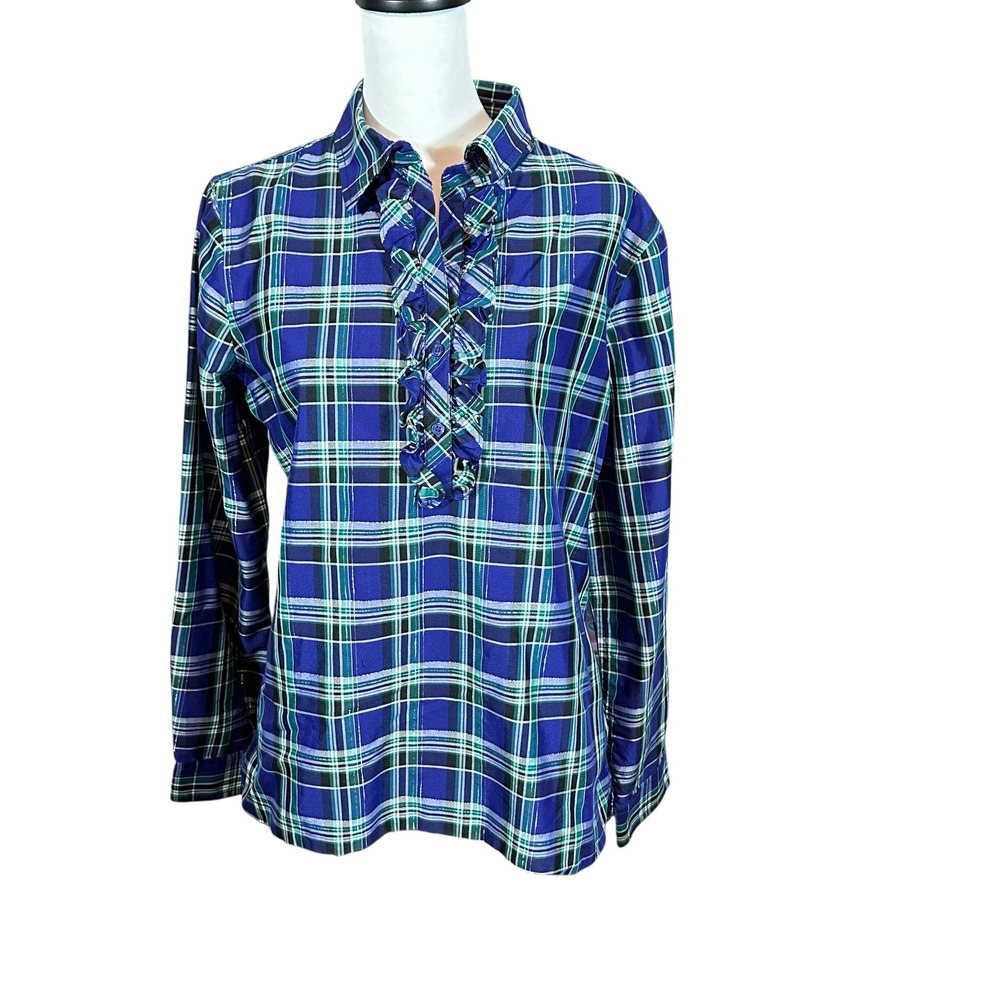 Talbots Blouse Women's Large Blue Green Metallic Plaid Ruffle L/S Top